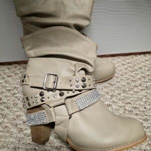 Chic Studded Beige Heeled Boots